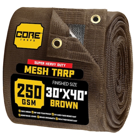 Core Tarps Mesh Tarp, 30X40 ft, Brown, Polyethylene CT-802-30X40
